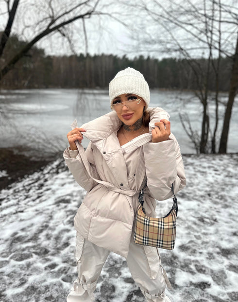 Puffy, short jacket with tie belt - light beige
